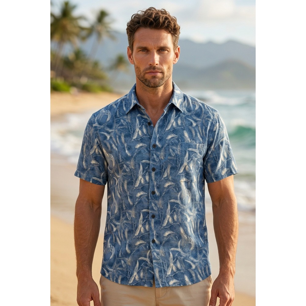 George Mens Sm Blue Silk Blend Abstract Print Short Sleeve Button Down Shirt Y2K